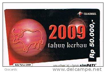 INDONESIA - TELKOMSEL  (GSM RECHARGE) - 2009 YEAR OF THE BULL     - USED    RIF. 1699 - Zodiaco