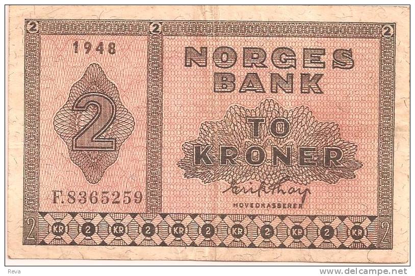 NORWAY 2 KRONER PINK MOTIF FRONT & BACK DATED 1948 P31b AVF READ DESCRIPTION !! - Norway