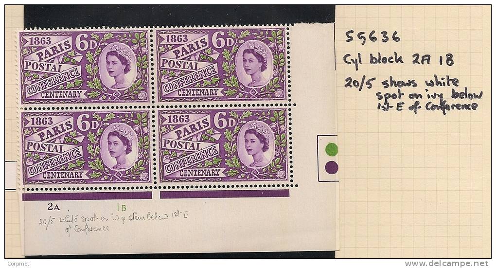 UK - Variety  SG 636 - Showing WHITE SPOT On IVY Below 1st E Of CONFERENCE - Block Of 4   -  Row 20 Stamp 5 - MLH - Errors, Freaks & Oddities (EFOs