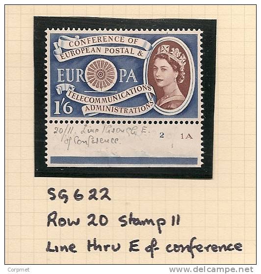 UK - Variety  SG 622 - EUROPA - Showing BLUE LINE Trough E Of CONFERENCE - Row 20 Stamp 1 -  MNH - Abarten & Kuriositäten