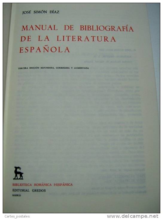 Manual De Bibliografia De La Literatura Espagnola  /  José Simon Diaz - Dizionari