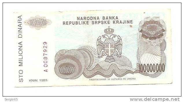 REPUBLIKA SRPSKA KRAJINA - 100000000 DIN - 1993. - Croatia