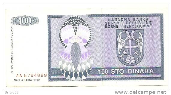 REPUBLIKA SRPSKA - 100 DIN - 1992. - Bosnia And Herzegovina