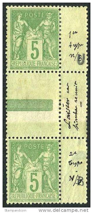 France #67 & 78 Mint Hinged 5c Green Side Margin Gutter Pair From 1876, Signed - 1876-1878 Sage (Type I)