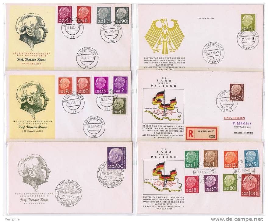 SAARLAND Heuss Ohne Währunggsbezeichung Kompleter Set  6 FDC - FDC