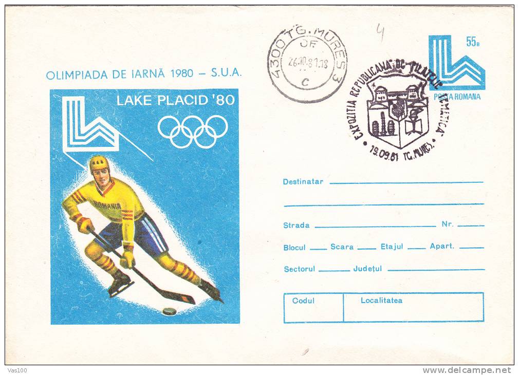 Olympic  Winter Games 1980 Lake Placid,Hockey, Stationery Cover Obliteration  Romania. - Winter 1980: Lake Placid