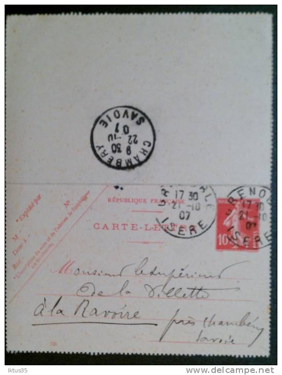 CARTE LETTRE-ENTIER POSTAL-10c SEMEUSE - CACHETS GRENOBLE ET CHAMBERY -1907 - Kaartbrieven