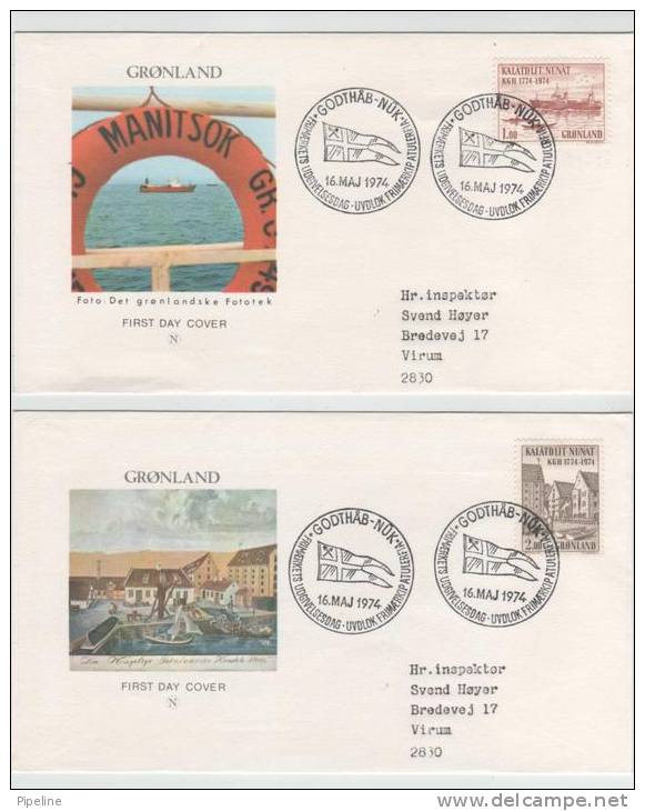 Greenland FDC KGH. 200 Anniversary Complete Set On 2 Covers 16-5-1974 With Cachet And Sent To Denmark - Autres & Non Classés