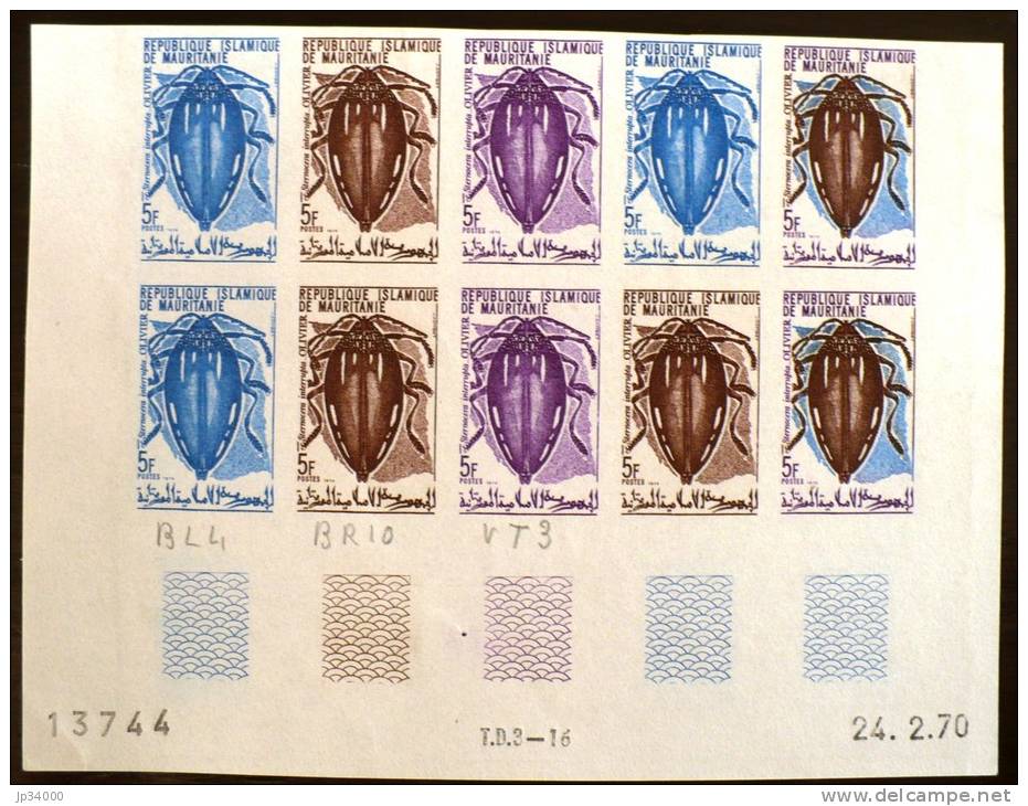 MAURITANIE: Insectes (yvert  276/80) **  ESSAI DE COULEURS EN PANNEAU DE 10 Bord De Feuille (trial Color) MNH.  5 Scans - Autres & Non Classés