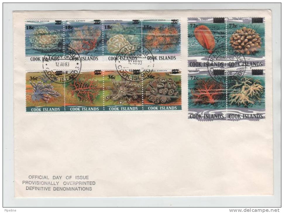 Cook Islands FDC 30-8-1983 Provisionally Overprinted Definitive Denominations Marine Life In Stripes And Block - Cook Islands