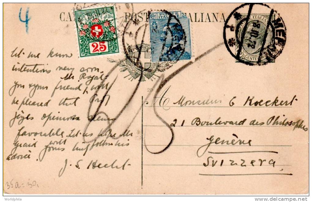 Italy / Italia Italy-Switzerland Uprated Cartolina Postale / PC With Swiss Postage Due 1922 - Strafport