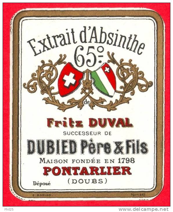 Extrait Absinthe 65 - Fritz DUVAL Successeur DUBIED Père Et Fils Pontarlier (Doubs) - Autres & Non Classés
