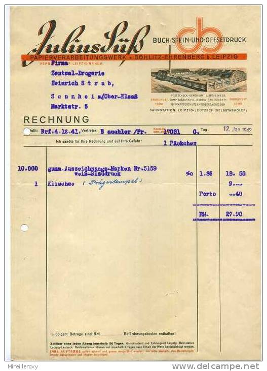 FACTURE PAPIER VERARBEITUNGSWERK BÖHLITZ EHRENBERG LEIPZIG 1942 - Otros & Sin Clasificación