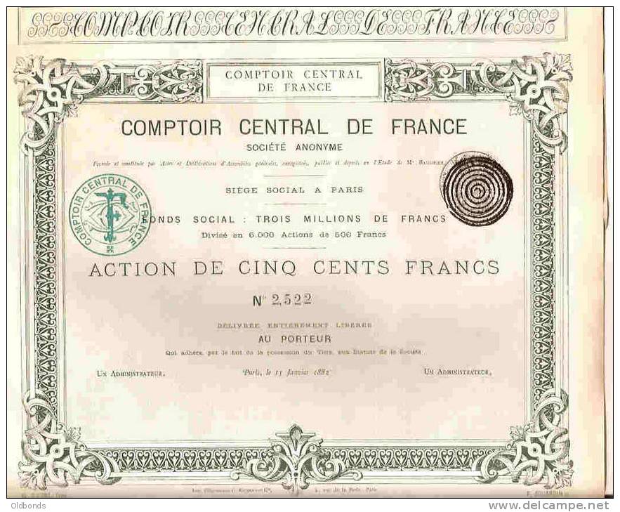 COMPTOIR CENTRAL DE FRANCE (1882) - Banque & Assurance