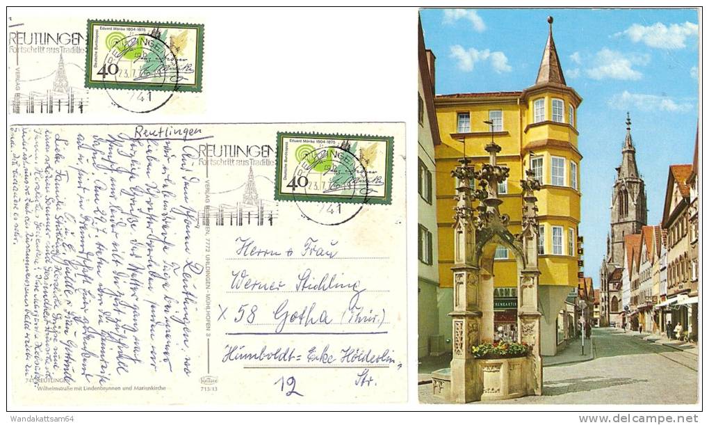 AK 71313 741 REUTLINGEN Wilhelmstraße Mit Lindenbrunnen Und Marienkirche 23. 7. 75 - 13 741 REUTLINGEN Nach Gotha - Reutlingen