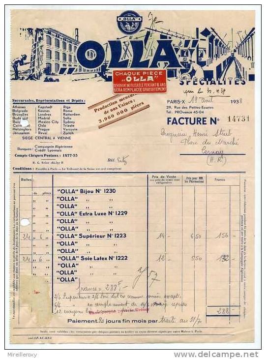 FACTURE OLLA MANUFACTURE DE CAOUTCHOUC PARIS 1938 - Droguerie & Parfumerie