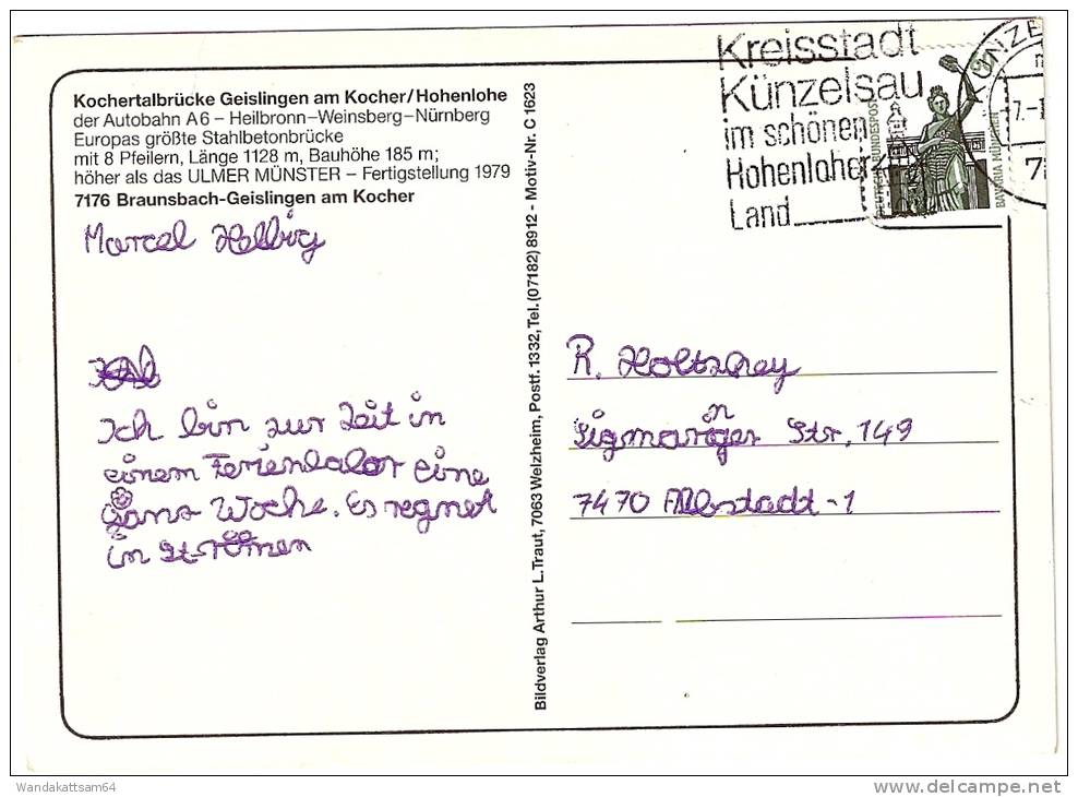 AK 1623 Kochertalbrücke Geislingen Am Kocher/Hohenlohe -7. 1.   7118 KÜNZELSAU M Nach Albstadt Mit 1 X 60 PF DEUTSCHE - Geislingen