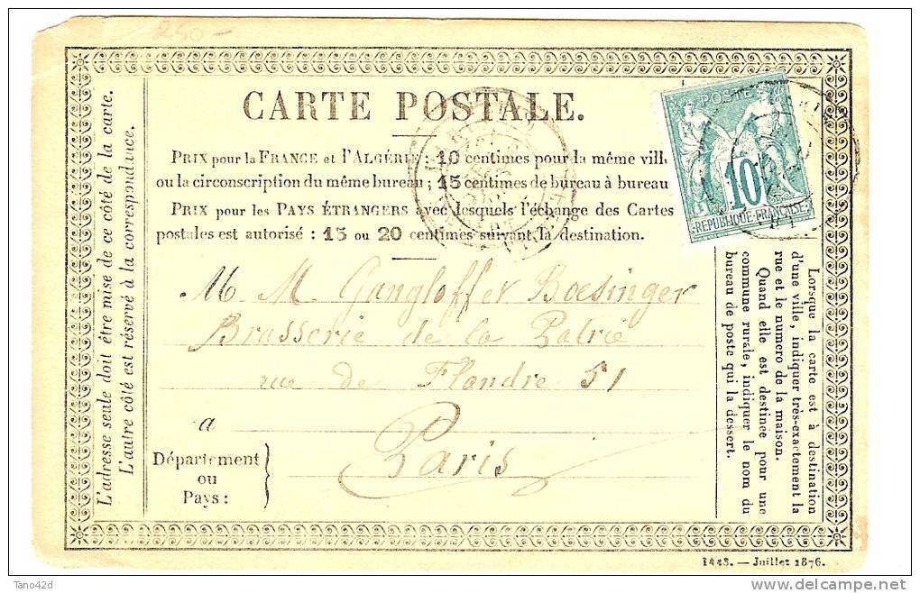 REF LVP7 - FRANCE CPO MOD. 25 AVEC SAGE 10c TYPE I -   PARIS POUR VILLE DECEMBRE 1876 - Vorläufer