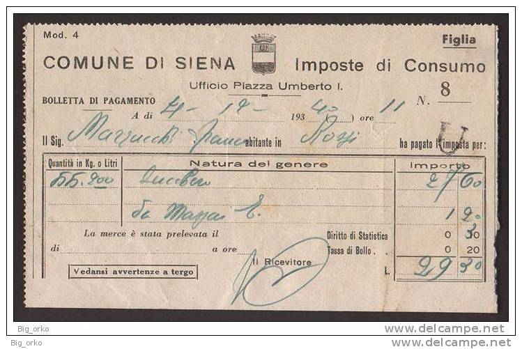 COMUNE Di SIENA - Imposta Di Consumo: Zucchero - 1940 - Italia