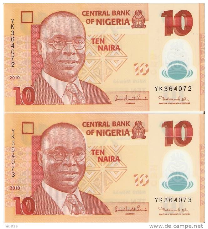 2 BILLETE CORRELATIVOS DE NIGERIA DE 10 NAIRA  SIN CIRCULAR (BANKNOTE) (esquina Redondeada) - Nigeria