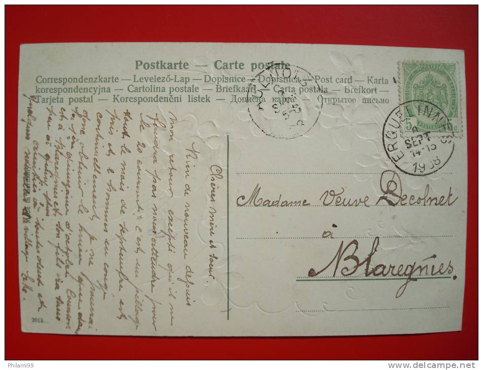 CP 1908 FLEURS / De ERQUELINNES Vers BLAREGNIES / Cachet AULNOIS / Carte En Relief - Erquelinnes