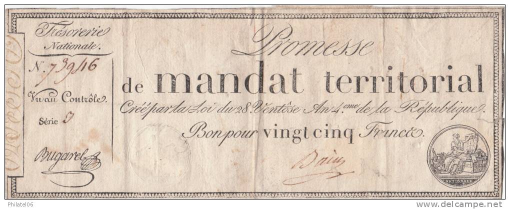 PROMESSE DE MANDAT TERRITORIAL  25 FRANCS - Assignats