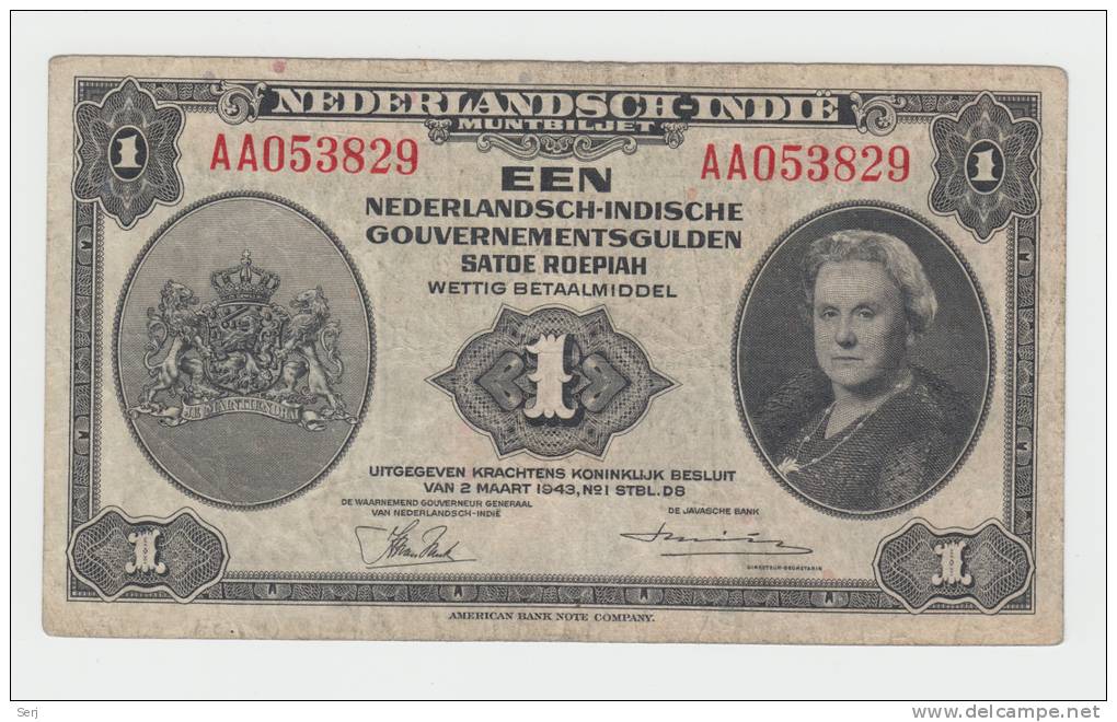 NETHERLANDS INDIES 1 GULDEN 1943 VF+ CRISP Banknote P 111 - Dutch East Indies