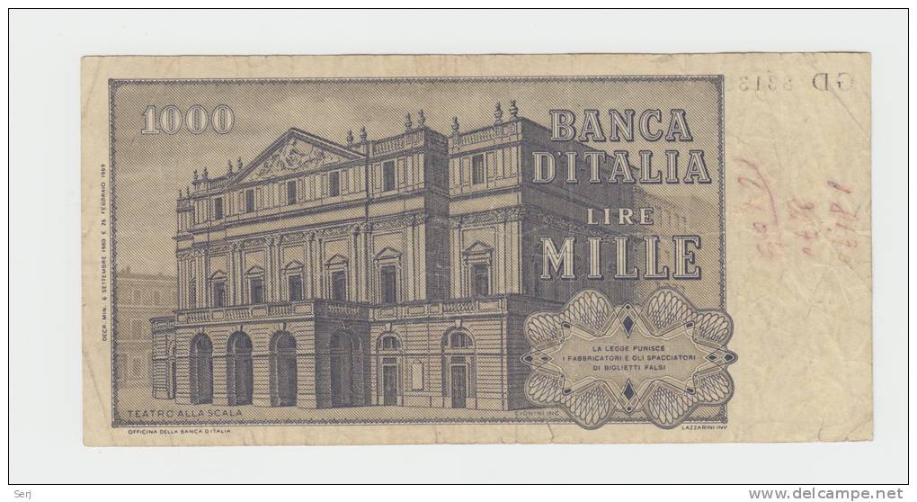 Italy 1000 Lire 1980 ""F+"" Banknote G. Verdi P 101g 101 G - 1000 Lire