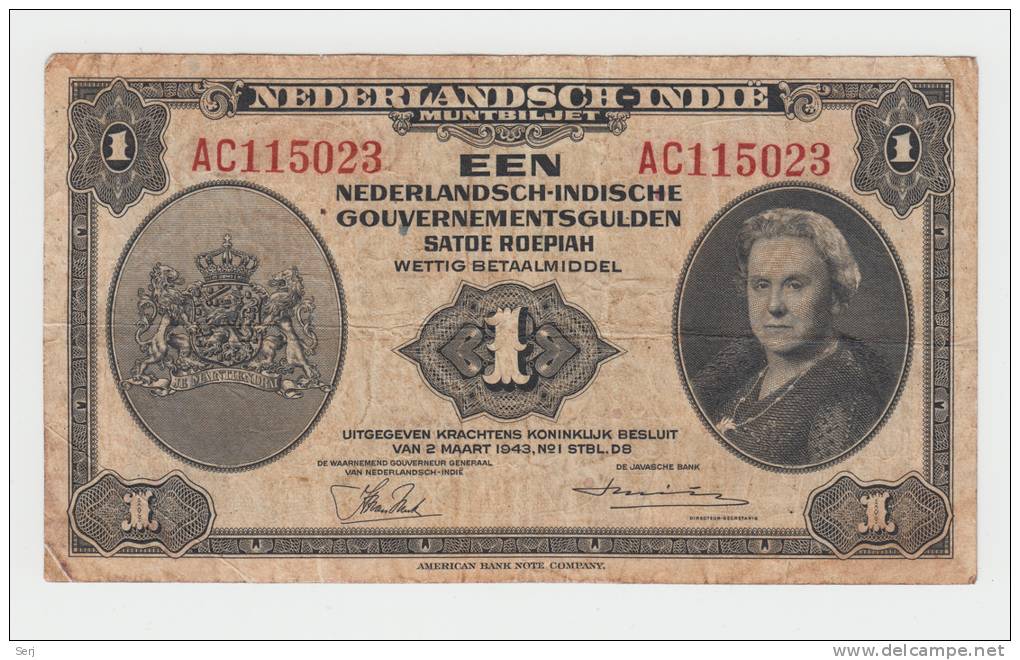 NETHERLANDS INDIES 1 GULDEN 1943 VF+ CRISP Banknote P 111 - Niederländisch-Indien