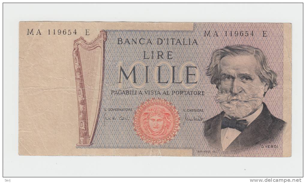 Italy 1000 Lire 1969 VF Banknote G. Verdi P 101a 101 A - 1000 Liras