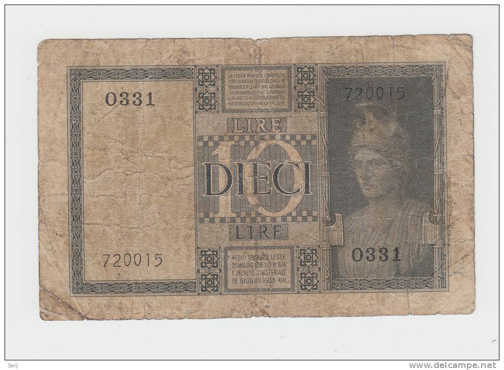 Italy 10 Lire 1938 VG P 25b  25 B - Regno D'Italia – 10 Lire