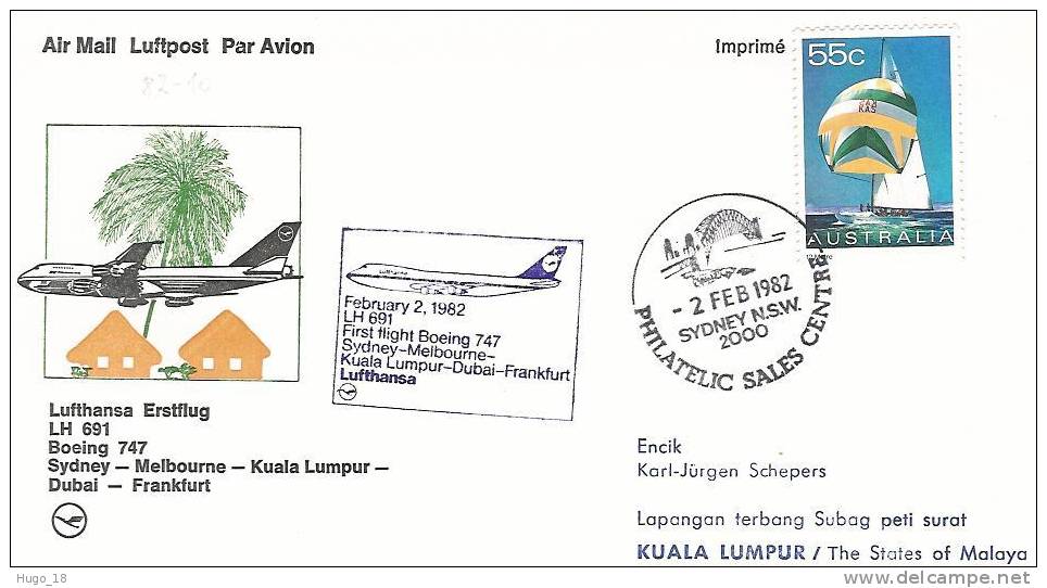 FFC  Sidney-Franfurt Via Kuala Lumpur   Lufthansa   02/02/1982 - First Flight Covers