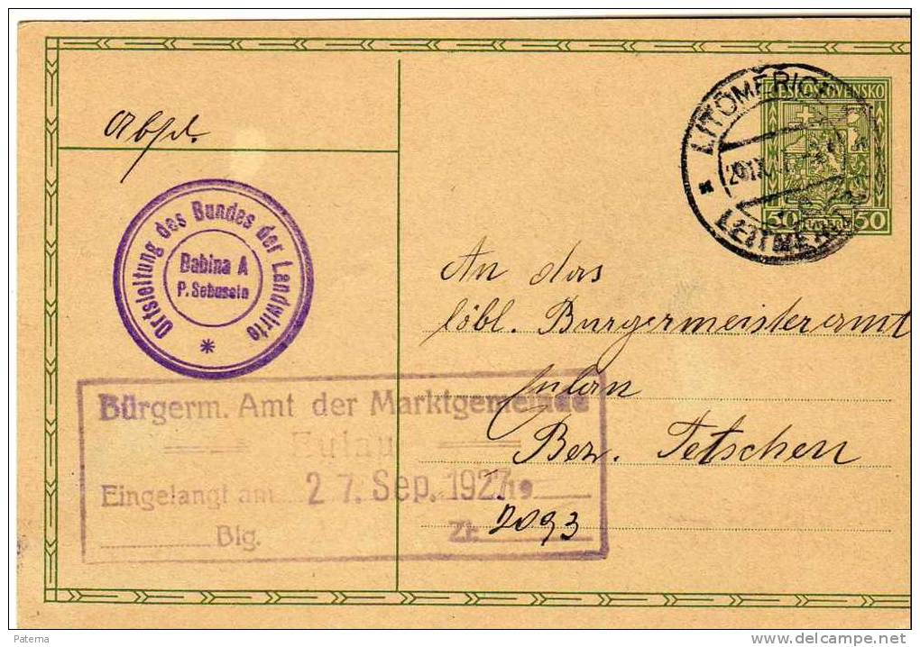 Entero Postal LITOMERICE 1927,  Checoslovaquia, Entier  Postal - Ansichtskarten