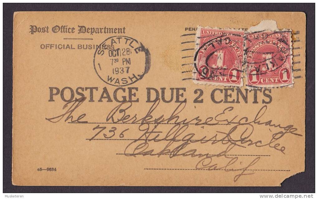 United States Post Office Department Official Buisness POSTAGE DUE 2 CENTS Card SEATTLE 1937 To OAKLAND Calif. (2 Scans) - Segnatasse