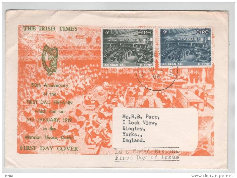 Ireland FDC 21-1-1969 The Irish Parliament 50th. Anniversary With Cachet Sent To England - FDC