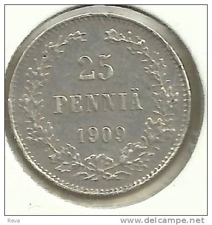 FINLAND 25 PENNIA  WREATH FRONT RUSSIAN EAGLE BACK 1909 L  SILVER VF KM6.3? READ DESCRIPTION CAREFULLY !!! - Finlandia