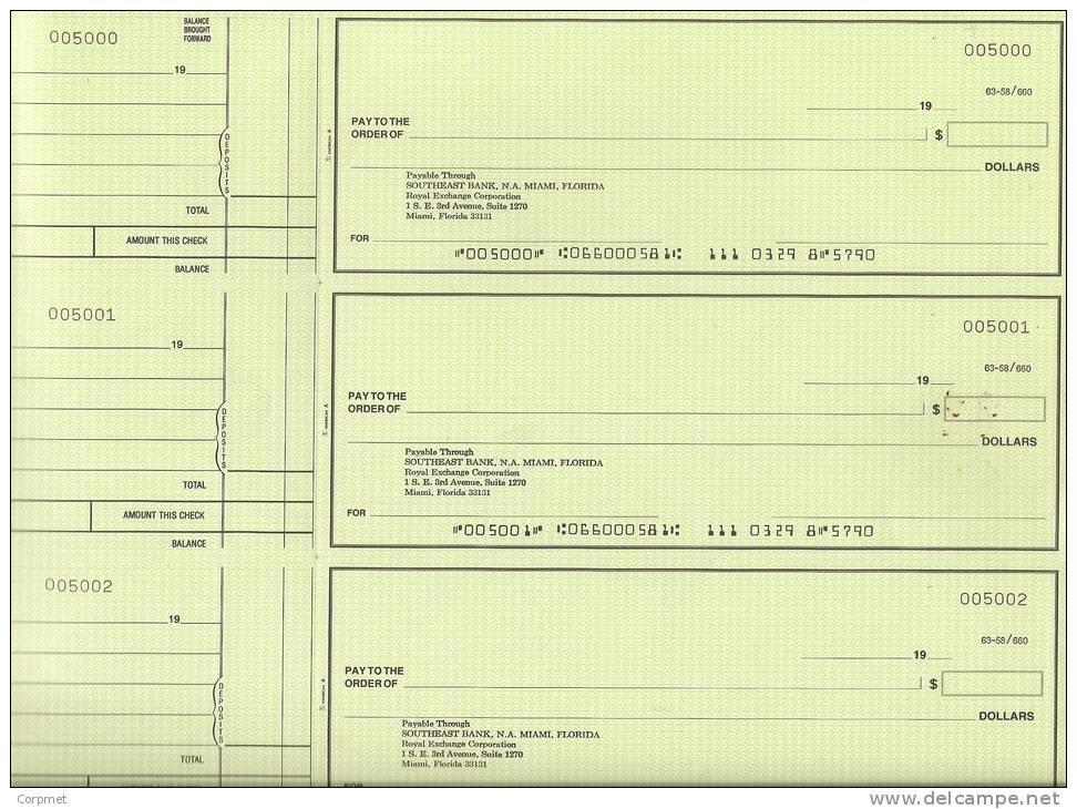 US - SOUTHEAST BANK, MIAMI - Full Sheet Of 3 Checks Failed Bank - Bank & Versicherung