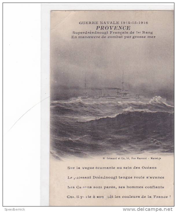 18170 GUERRE NAVALE 1914 15 16 PROVENCE Superdréadnougt Français 1er Rang Combat Grosse Mer. Grimaud Marseille - Guerre