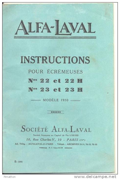 INSTRUCTIONS POUR ECREMEUSES  De La Société ALFA-LAVAL ( Voir Scans ) - Bricolage / Tecnica