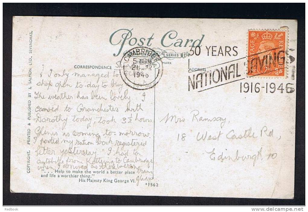 RB 768 - 1946 ARQ  J. Salmon Patriotic Postcard - Message From KGVI - Cambridge Slogan 30 Years Of National Savings - Cambridge