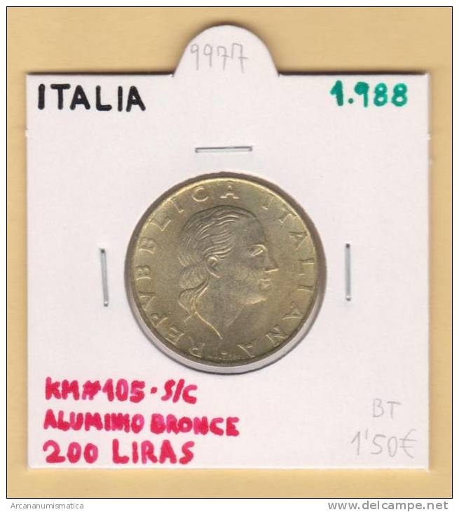 ITALIA  200  Liras  1.988  KM#105  Aluminio Bronce    SC/UNC         DL-9977 - 200 Lire