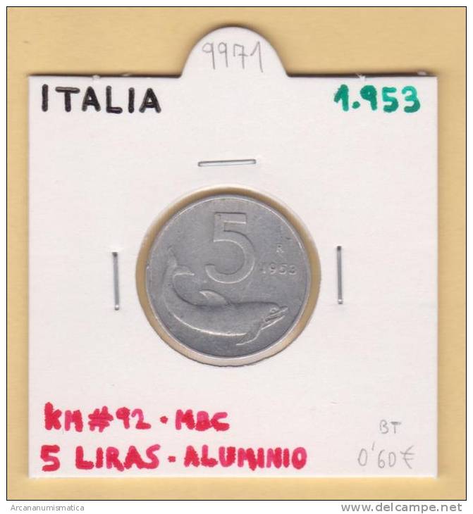 ITALIA  5   Liras  1.953  KM#92    Aluminio    MBC/VF       DL-9971 - 5 Lire