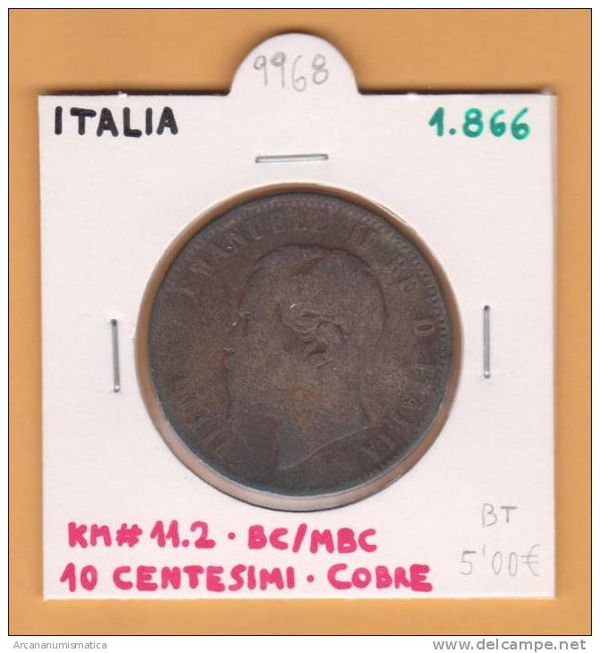 ITALIA  10 Centesimi   1.866   KM#11.2    Cobre   BC/MBC      DL-9968 - 1861-1878 : Victor Emmanuel II