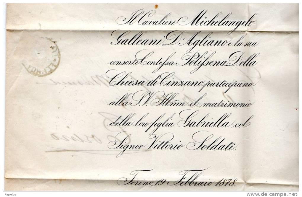 1878 TORINO PARTECIAZIONE DI MATRIMONIO TRA LA CONTESSA - Altri & Non Classificati