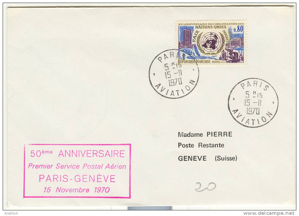 Paris Genève 1970 - 50ème Anniversaire Premier Vol - Suisse - First Flight Covers