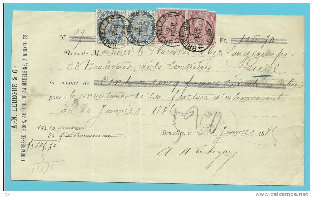 40+46 (X2) Op Recu Met Stempel BRUXELLES 11  (rare N°40 Op Recu) !!!!!! (VK) - 1883 Léopold II