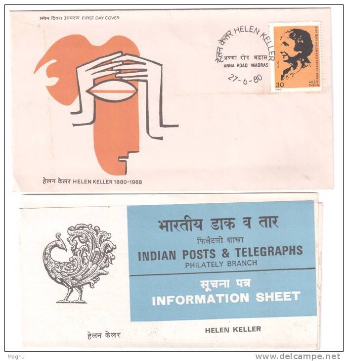 India 1980 FDC + Info., Helen Keller, Disabled, Handicap, Writer, Famous People, - Handicaps