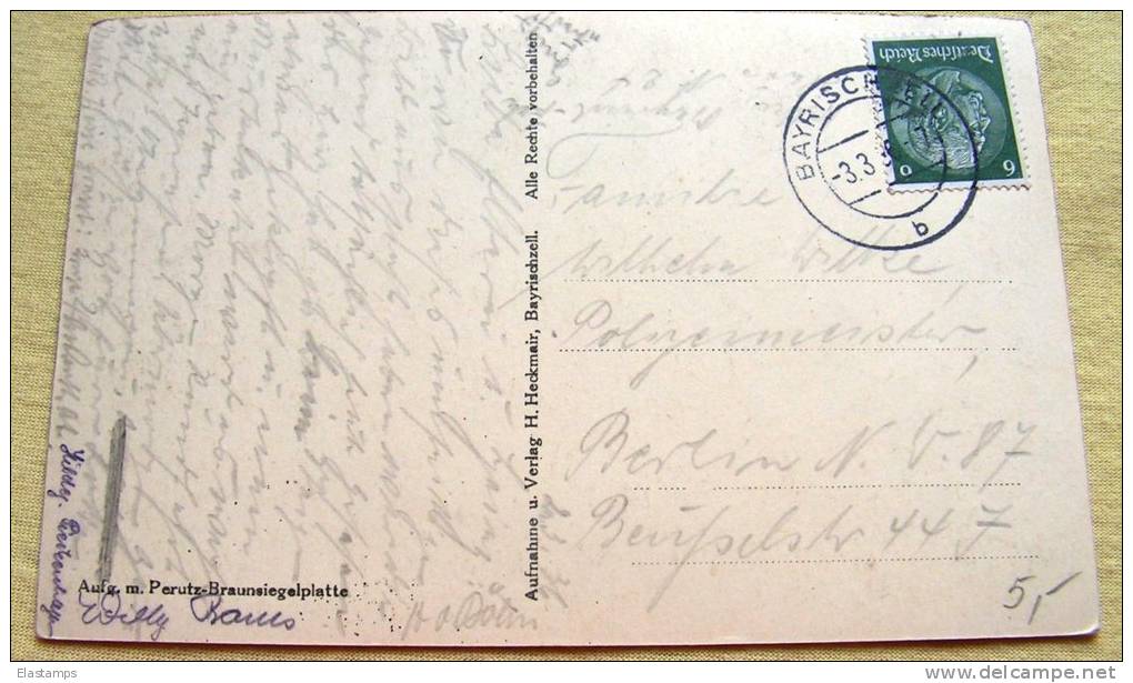 == Peruz Braunsiegelplatte  , Stempel Bayerisch Zell  1938, Winter - Miesbach