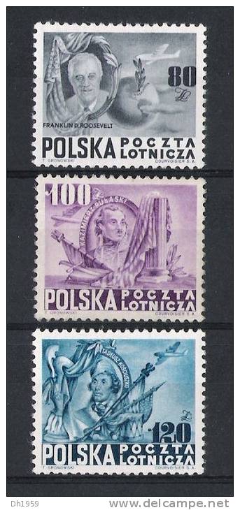 PA 24 - 26 POSTE AERIENNE  NSC (**) MNH 1948 POLOGNE POLEN  POLSKA GLOIRE DEMOCRATIE  ROOSEVELT PULASKI  KOSCIUSZKO - Nuovi