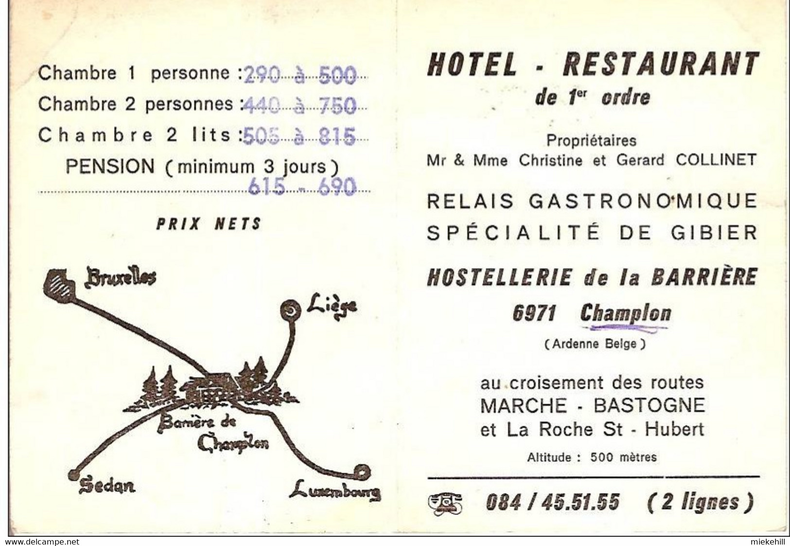 HOSTELLERIE DE CHAMPLON-Propriétaires Collinet-croisement Vers Marche-Bastogne-La Roche-Saint-Hubert - Tenneville